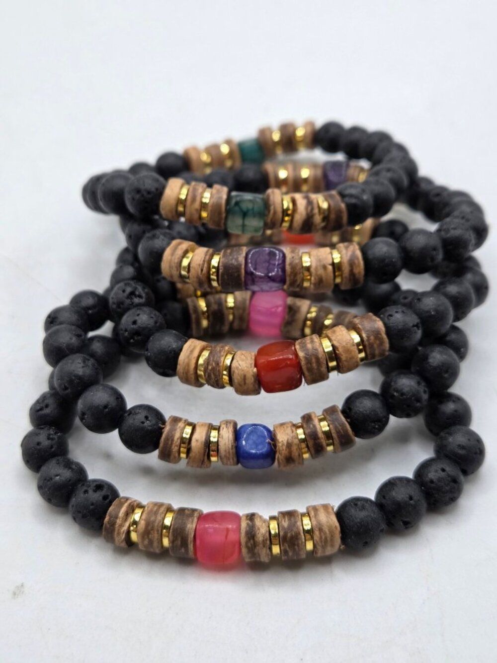 Lava Stone Bead Bracelets With Colorful Accents & Wooden Spacers For Men & Women